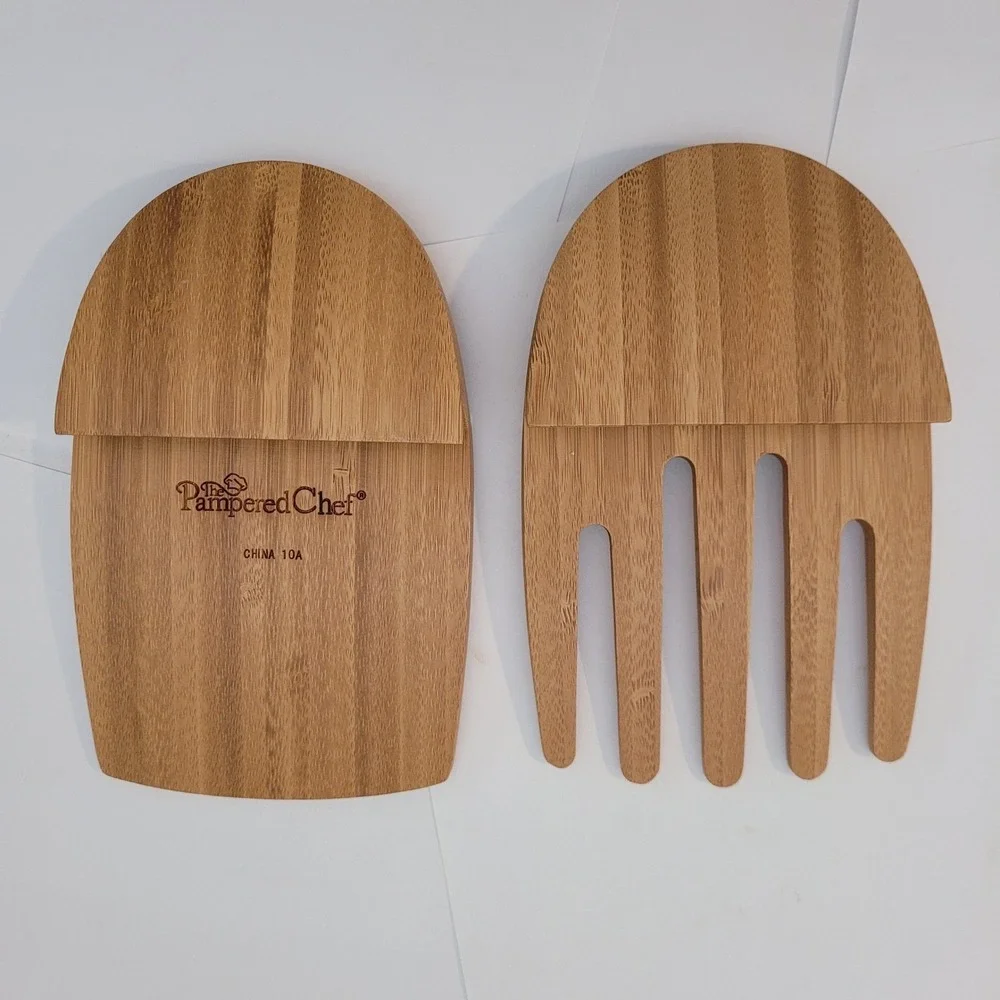 Pampered‎ Chef Bamboo Salad Hands Servers Unisex Brown Wood Tossing Tools 10A